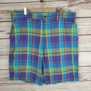 IZOD Mens Size 36x10 Blue/Green/Yellow/Purple Vibrant Plaid Cotton Golf Shorts